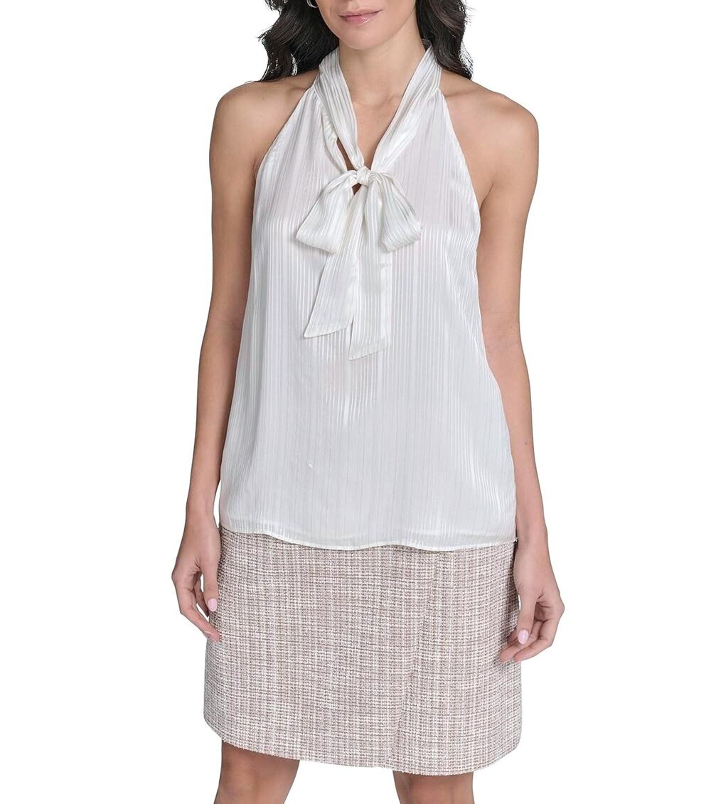 Calvin Klein Women White Viscose Casual Sleeveless Tie-Neck Blouse Top Size S